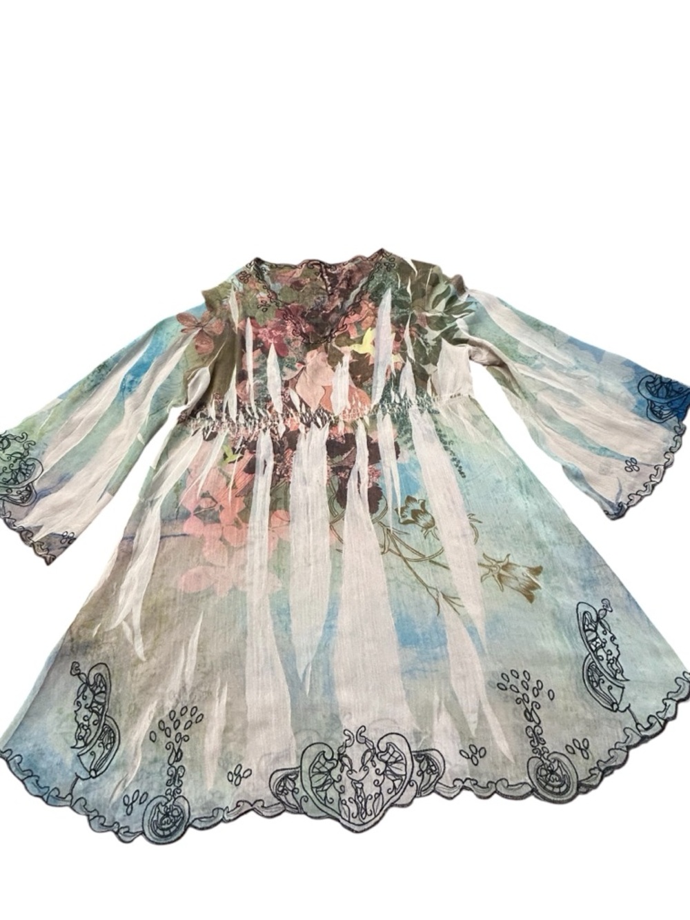 Mushka Sienna Rose Floral Watercolor V-Neck Tunic Top Pastel Blue/Green SZ L EUC - Picture 3 of 12